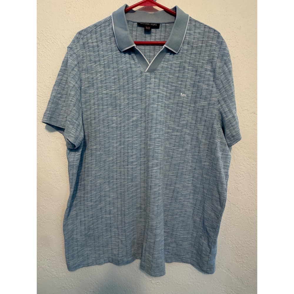 Michael Kors Mens XL Blue Textured Knit Short Sleeve V-Neck Polo KT6530UL4B